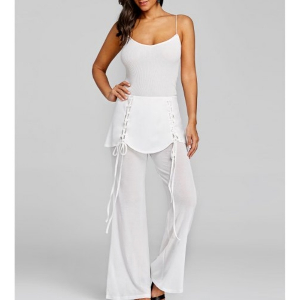 Wide Leg Pants Cozy Chic Lace Up Peplum - Picture 2 of 7